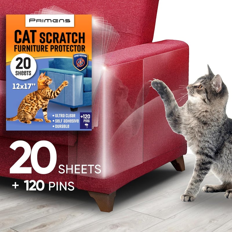 Primens Heavy Duty Cat Scratch Deterrent Furniture Protectors for Sofa, Doors, Clear Couch Protectors from Cats Scratching, Anti Cat Scratch Tape Guards (Clear, 20 Sheets 17x12) - Image 1